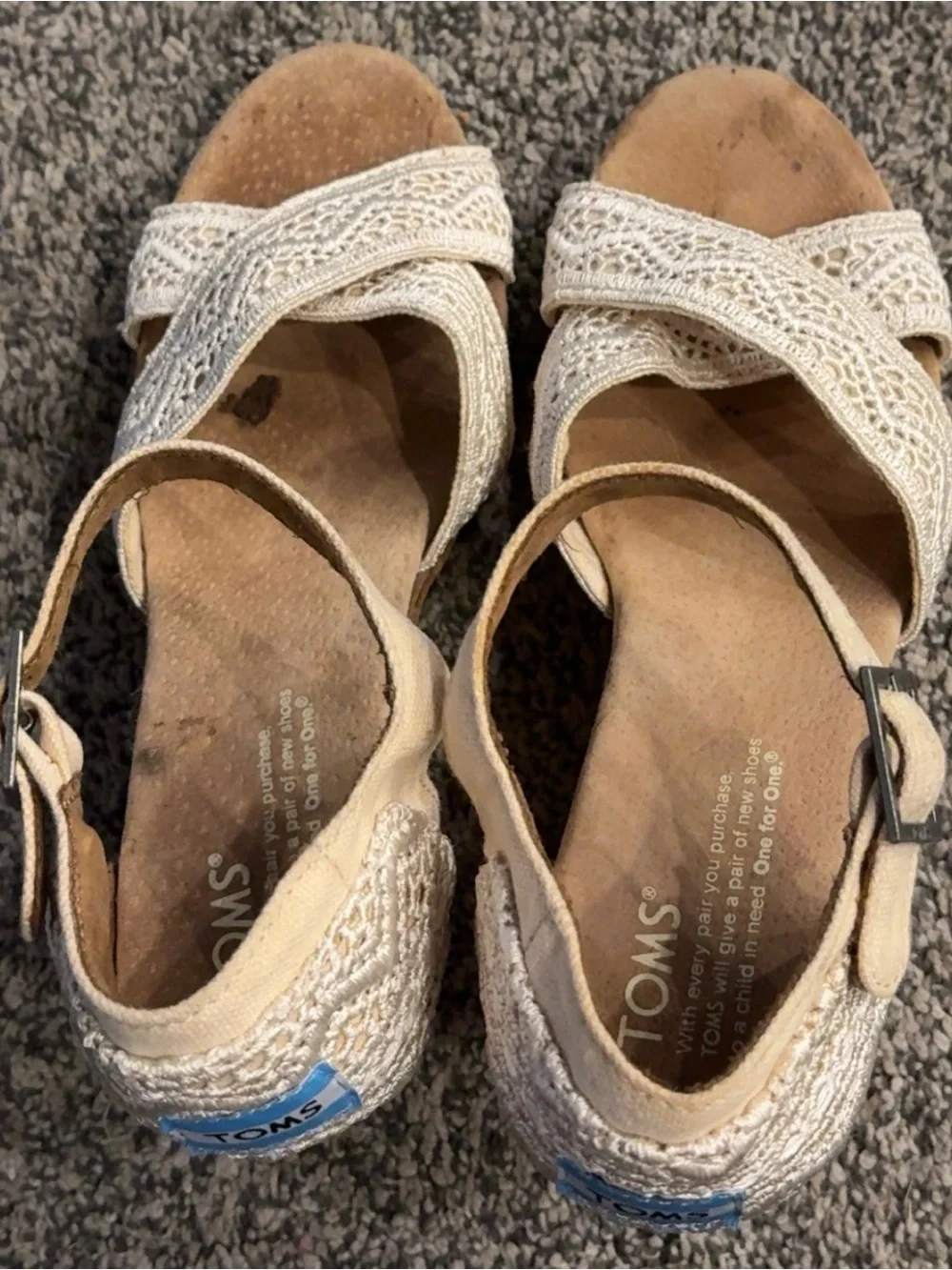 TOMS Sienna Cream Lace Ankle-Strap Wedge Sandals, Size 7